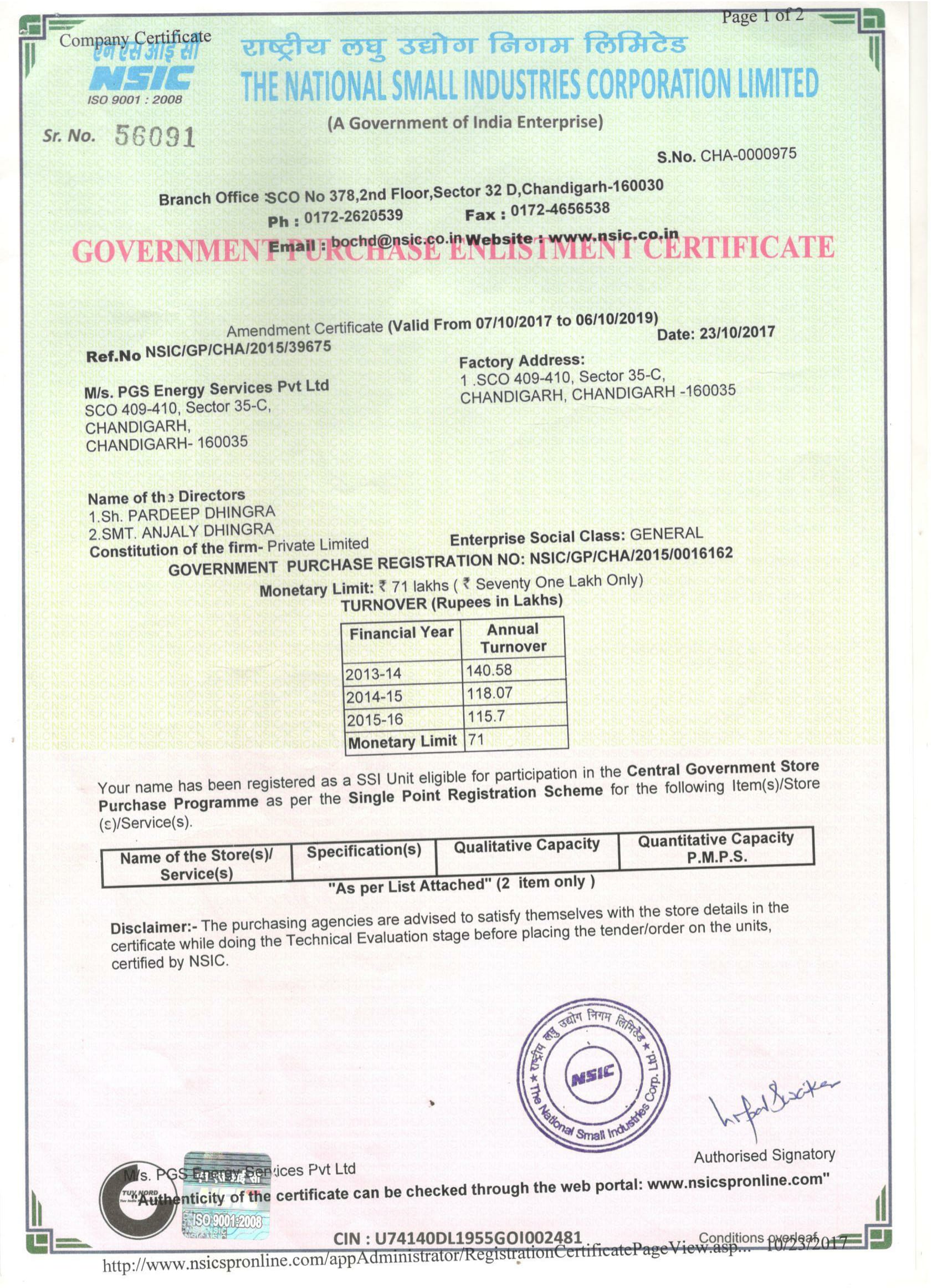 NSIC Certification - PGS Energy Services Pvt. Ltd.